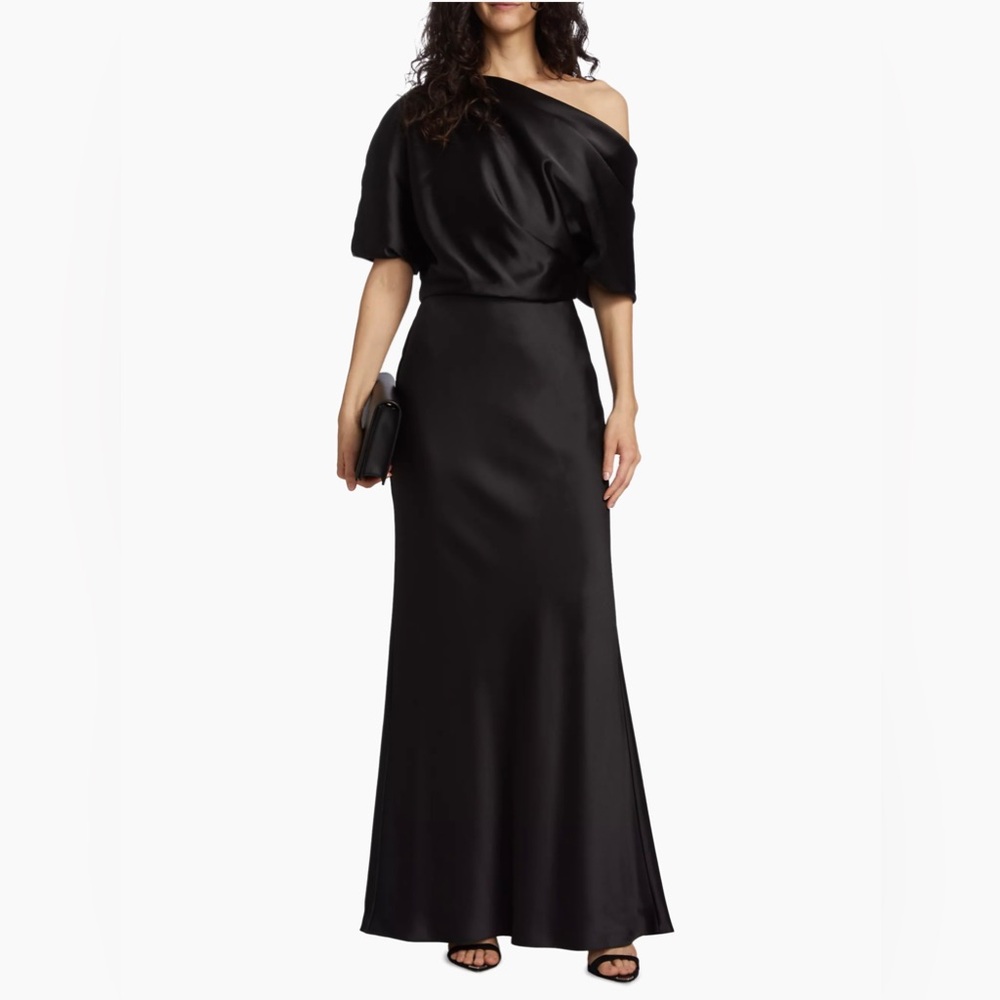 AMSALE Satin One Shoulder Gown - Black Size 12